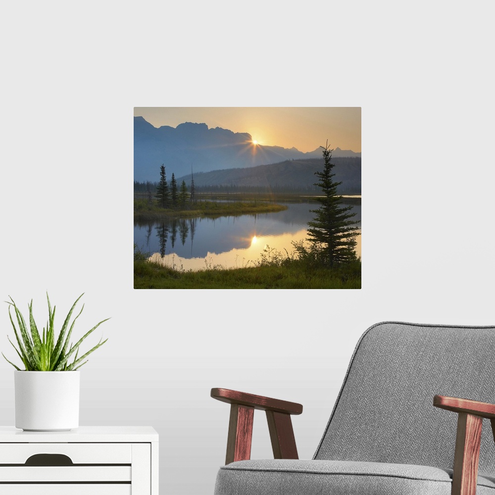 A modern room featuring Sunset over Miette Range and Talbot Lake, Jasper National Park, Alberta, Canada