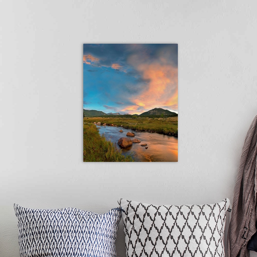 A bohemian room featuring Sunset over river and peaks in Moraine Park, Rocky Mountain National Park, Colorado