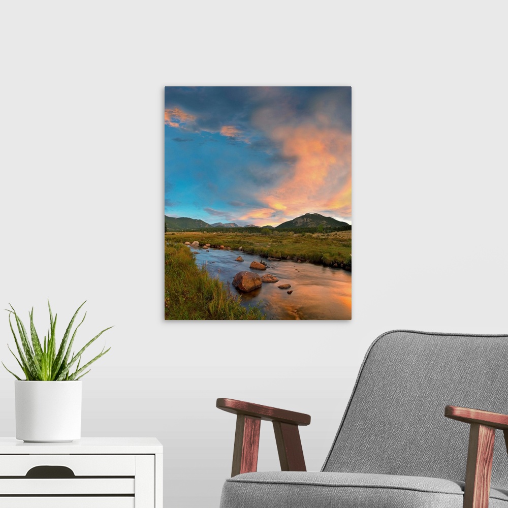A modern room featuring Sunset over river and peaks in Moraine Park, Rocky Mountain National Park, Colorado
