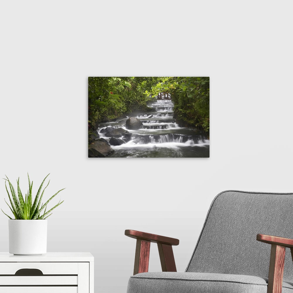 A modern room featuring Wall art for the home or office this landscape photograph shows a steam flowing through a forest.