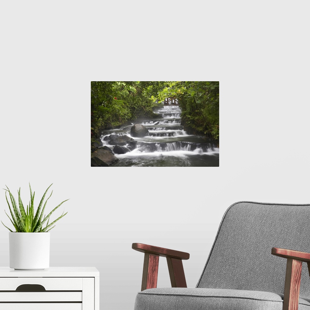 A modern room featuring Wall art for the home or office this landscape photograph shows a steam flowing through a forest.