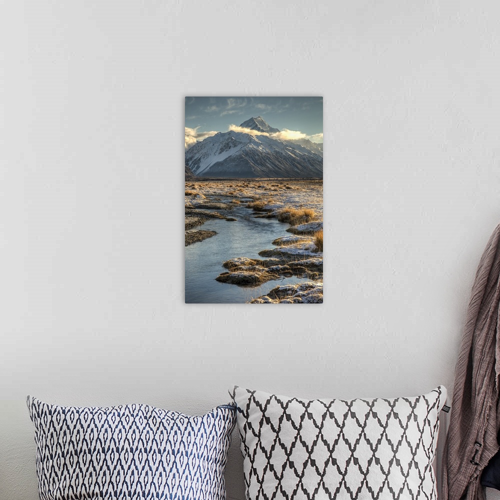 A bohemian room featuring Tasman River at dawn and Mount Cook, Mount Cook National Park, New Zealand