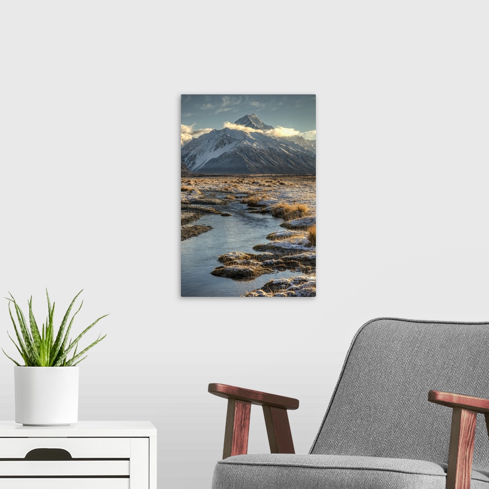 A modern room featuring Tasman River at dawn and Mount Cook, Mount Cook National Park, New Zealand