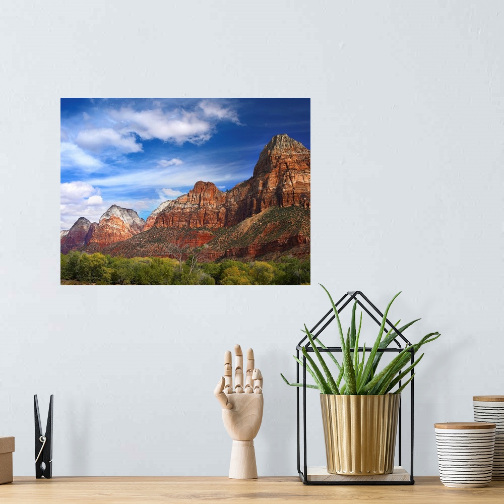 A bohemian room featuring Large photograph of canyon mountains and desert underbrush growth on a sunny day.