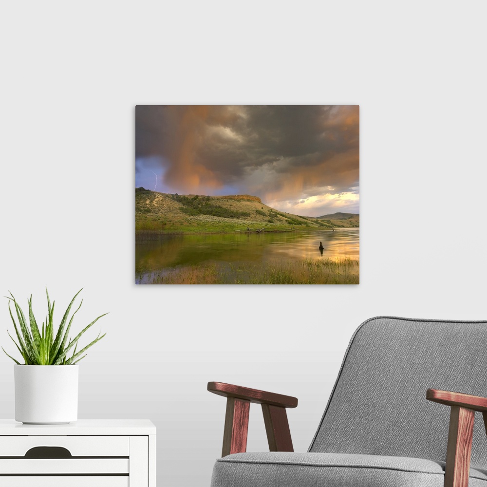 A modern room featuring Thunderstorm with lightning strike over Curecanti National Recreational Area, Colorado