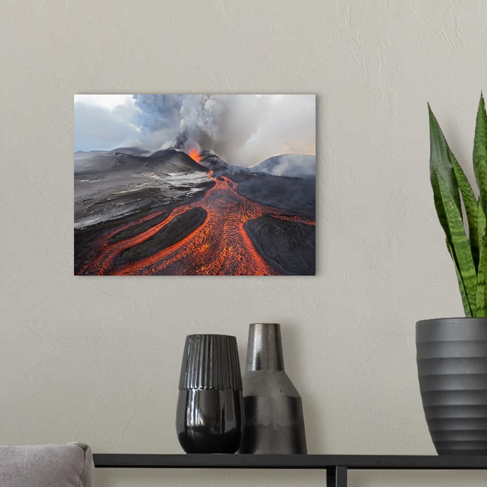 A modern room featuring Tolbachik Volcano erupting, Kamchatka, Russia