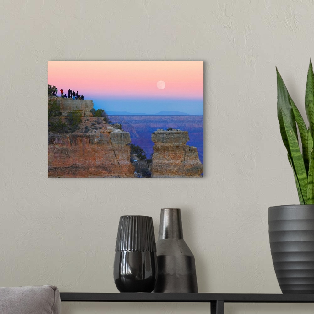 A modern room featuring Tourists enjoying sunset and full moon at Yaki Point, Grand Canyon, Arizona
