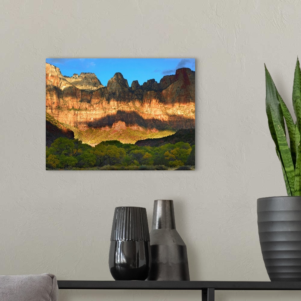 A modern room featuring Towers of the Virgin with cloud shadows, Zion National Park, Utah