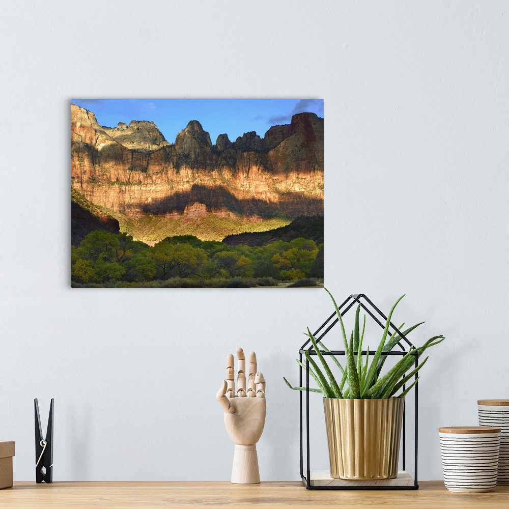 A bohemian room featuring Picture taken of giant cliffs that have cloud shadows covering part of it and a line of trees on ...