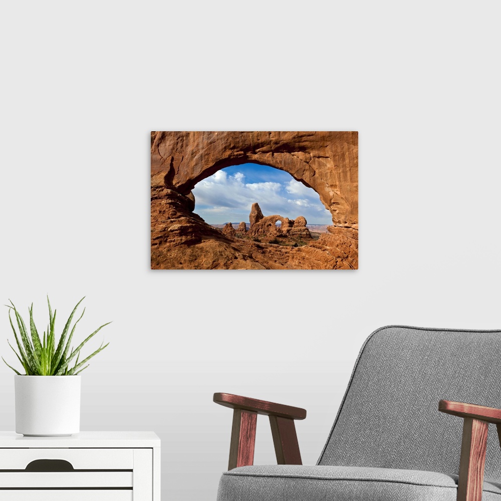 A modern room featuring Turret Arch through North Window Arch, Arches National Park, Utah.