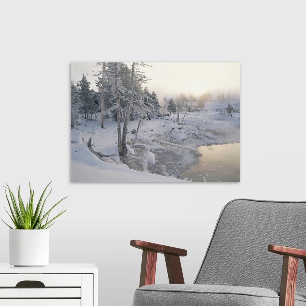A modern room featuring Upper Geyser Basin in winter, Yellowstone National Park, Wyoming