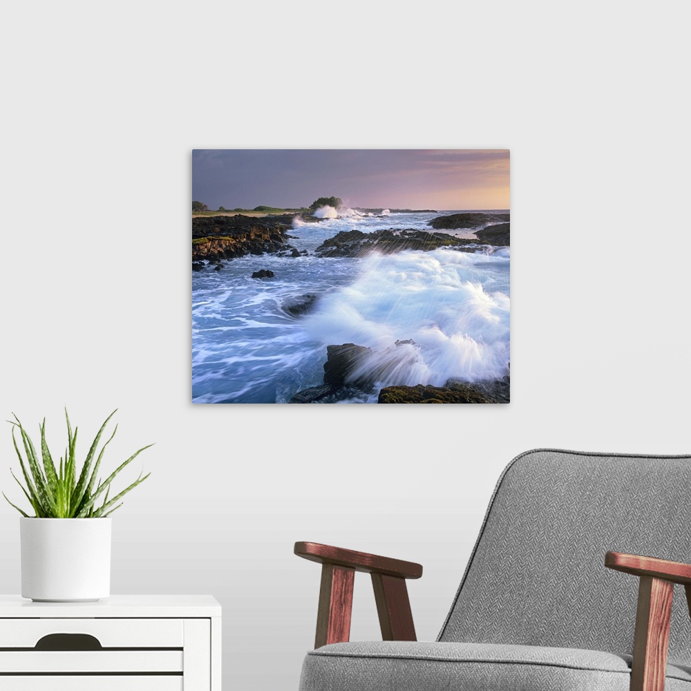 A modern room featuring Waves crashing on rocky shore, Wawaloli Beach, Big Island, Hawaii