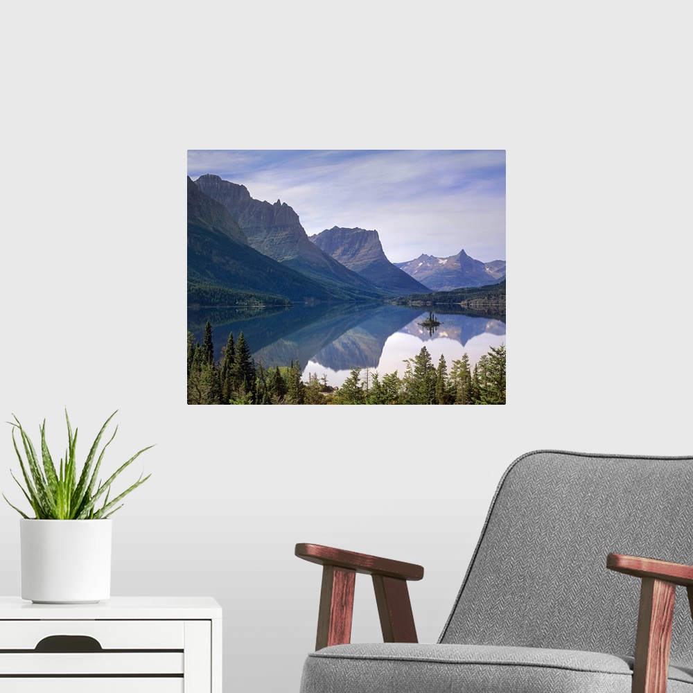A modern room featuring Wild Goose Island in St Mary's Lake, Glacier National Park, Montana