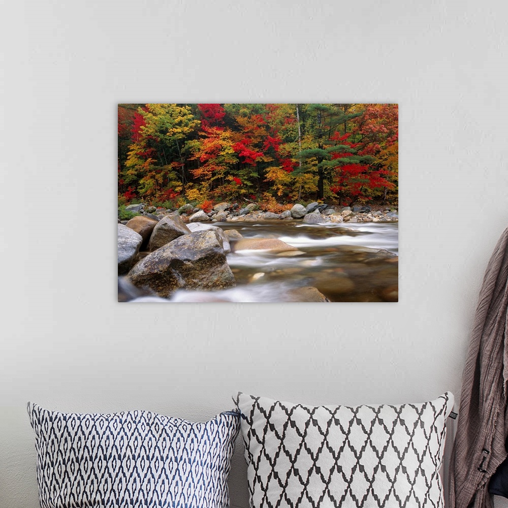 A bohemian room featuring A time lapsed photograph of a boulder filed river with New England autumn trees growing on the sh...