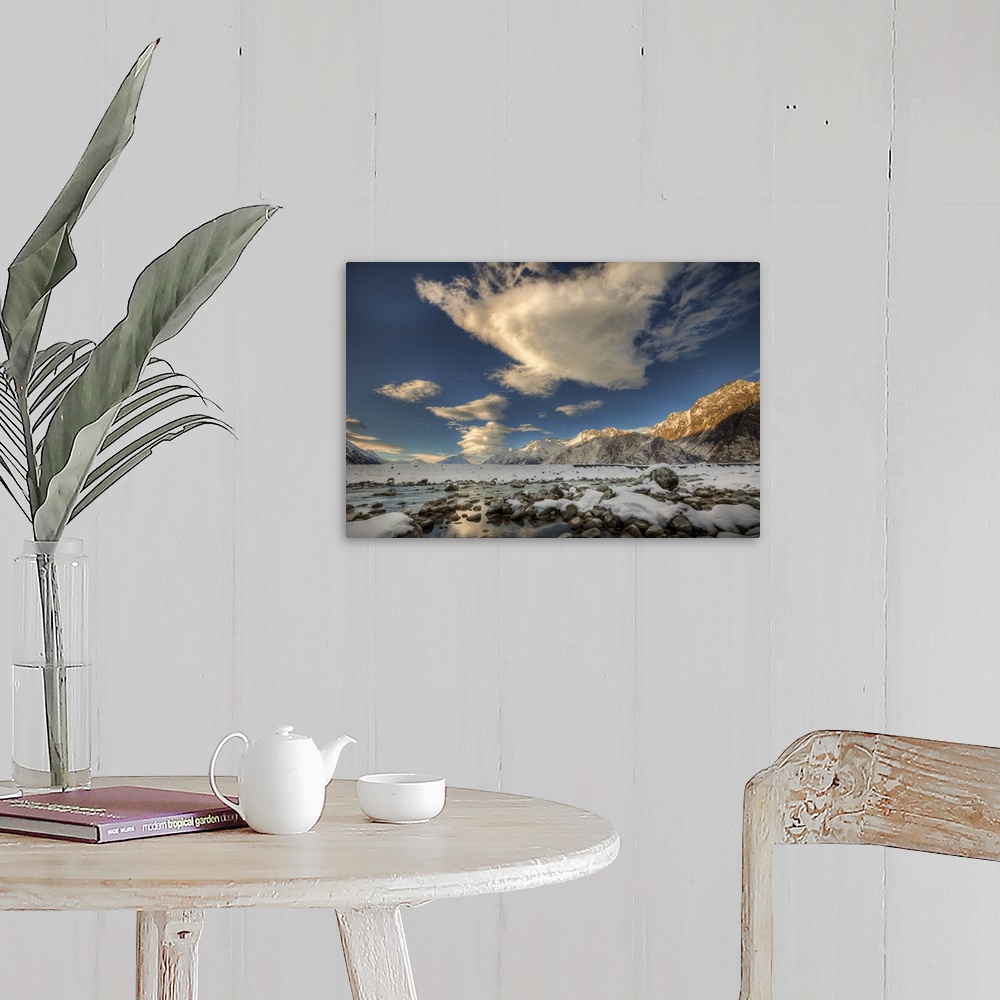 A farmhouse room featuring Wind clouds over snow covered valley, Tasman Glacier, New Zealand