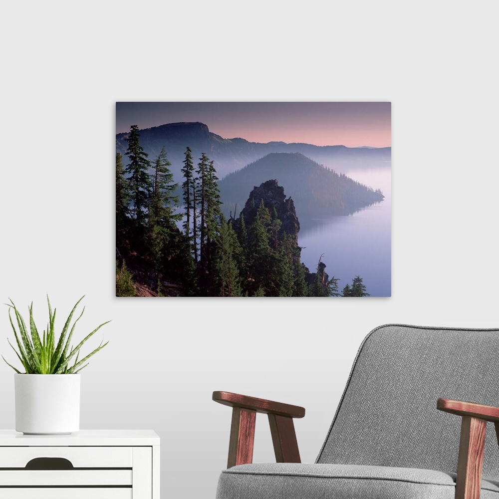 A modern room featuring Wizard Island in the center of Crater Lake, Crater Lake National Park, Oregon