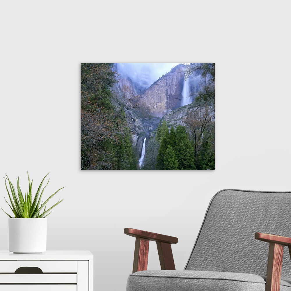 A modern room featuring Yosemite Falls in spring, Yosemite National Park, California