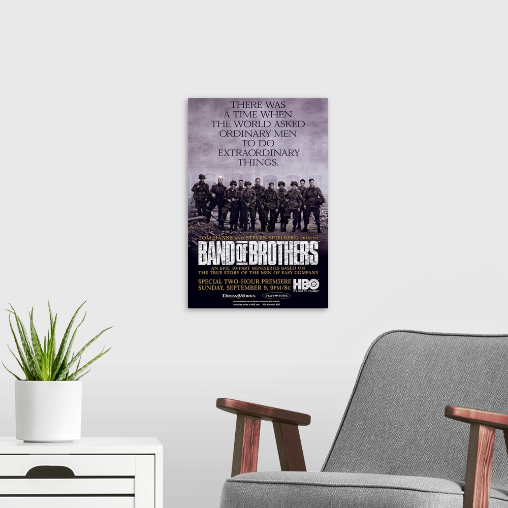A modern room featuring Vertical advertisement for the miniseries, Band of Brothers, directed by Tom Hanks and Steven Spi...