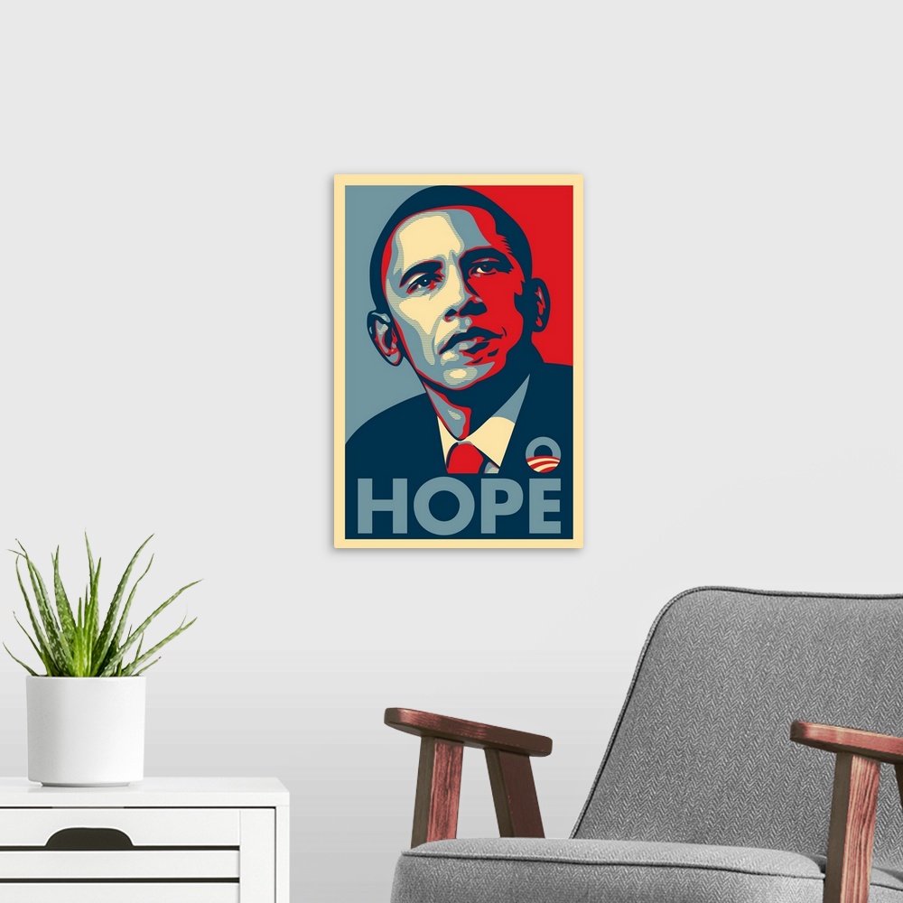 A modern room featuring Iconic and optimistic block print portrait of senator Barack Obama made for the 2016 presidential...