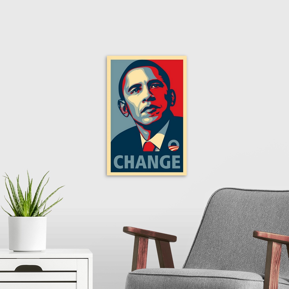 A modern room featuring "Change" campaign poster for Barack Obama, from the 2008 presidential election.