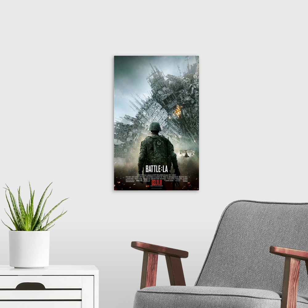 A modern room featuring Battle: Los Angeles - Movie Poster