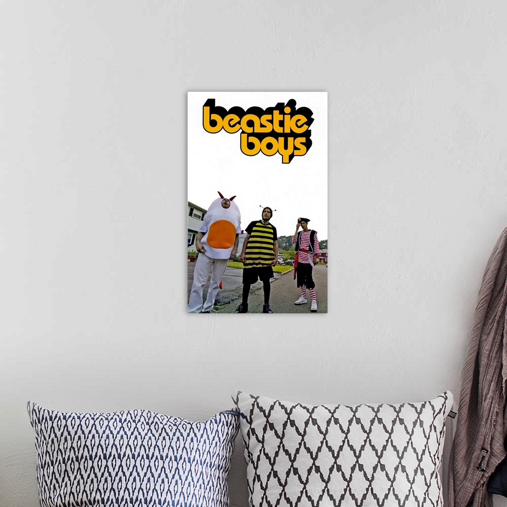A bohemian room featuring Portrait photograph on a big canvas of the Beastie Boys, standing in a subdivision street, each i...