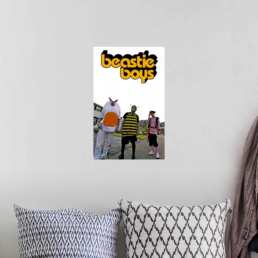 A bohemian room featuring Portrait photograph on a big canvas of the Beastie Boys, standing in a subdivision street, each i...