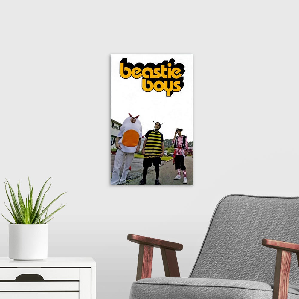 A modern room featuring Portrait photograph on a big canvas of the Beastie Boys, standing in a subdivision street, each i...