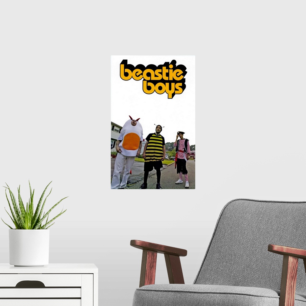 A modern room featuring Portrait photograph on a big canvas of the Beastie Boys, standing in a subdivision street, each i...