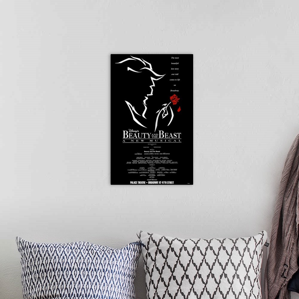 A bohemian room featuring A simplistic poster for the Broadway performance of "Beauty and the Beast". It shows an outline o...