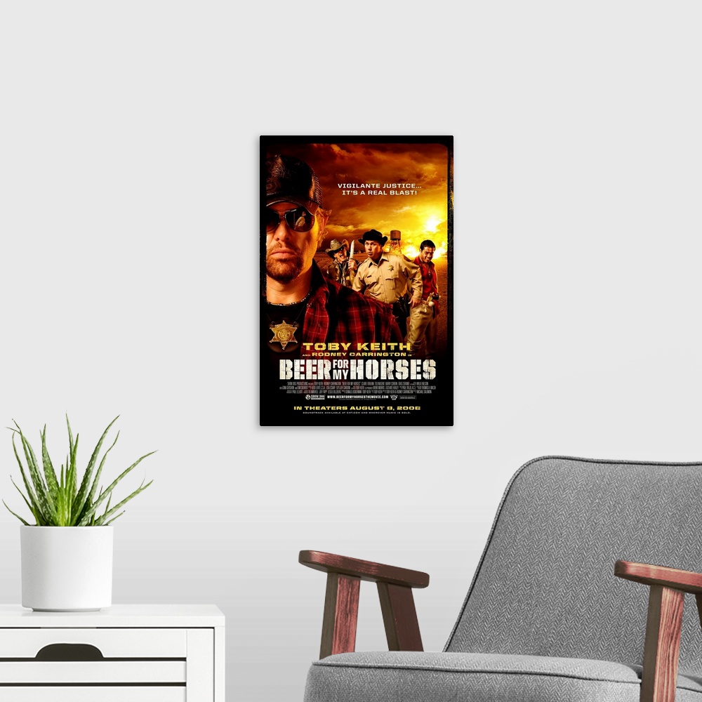 A modern room featuring Beer for My Horses - Movie Poster