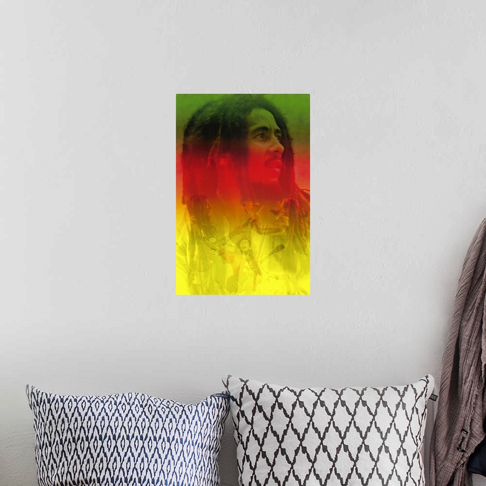 A bohemian room featuring Ombre photograph of picture collage celebrating Jamaican reggae singer-songwriter and guitarist.
