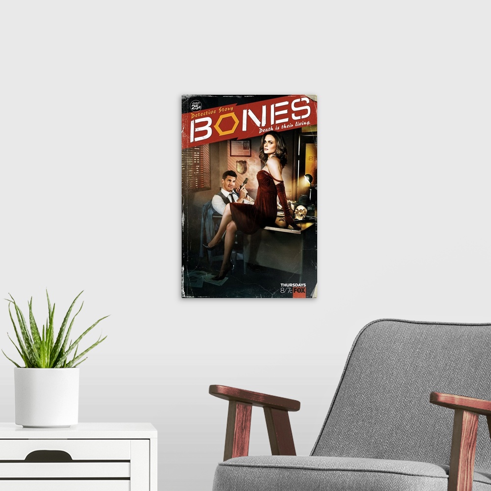 A modern room featuring A prosaic forensic anthropologist and a cocky FBI agent build a team to investigate death causes....