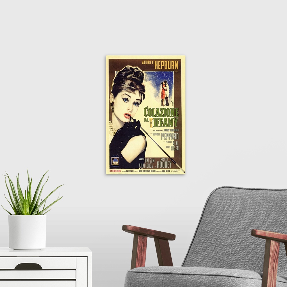 A modern room featuring This is the Italian version movie poster for Breakfast at Tiffany's. Audrey Hepburn largely takes...