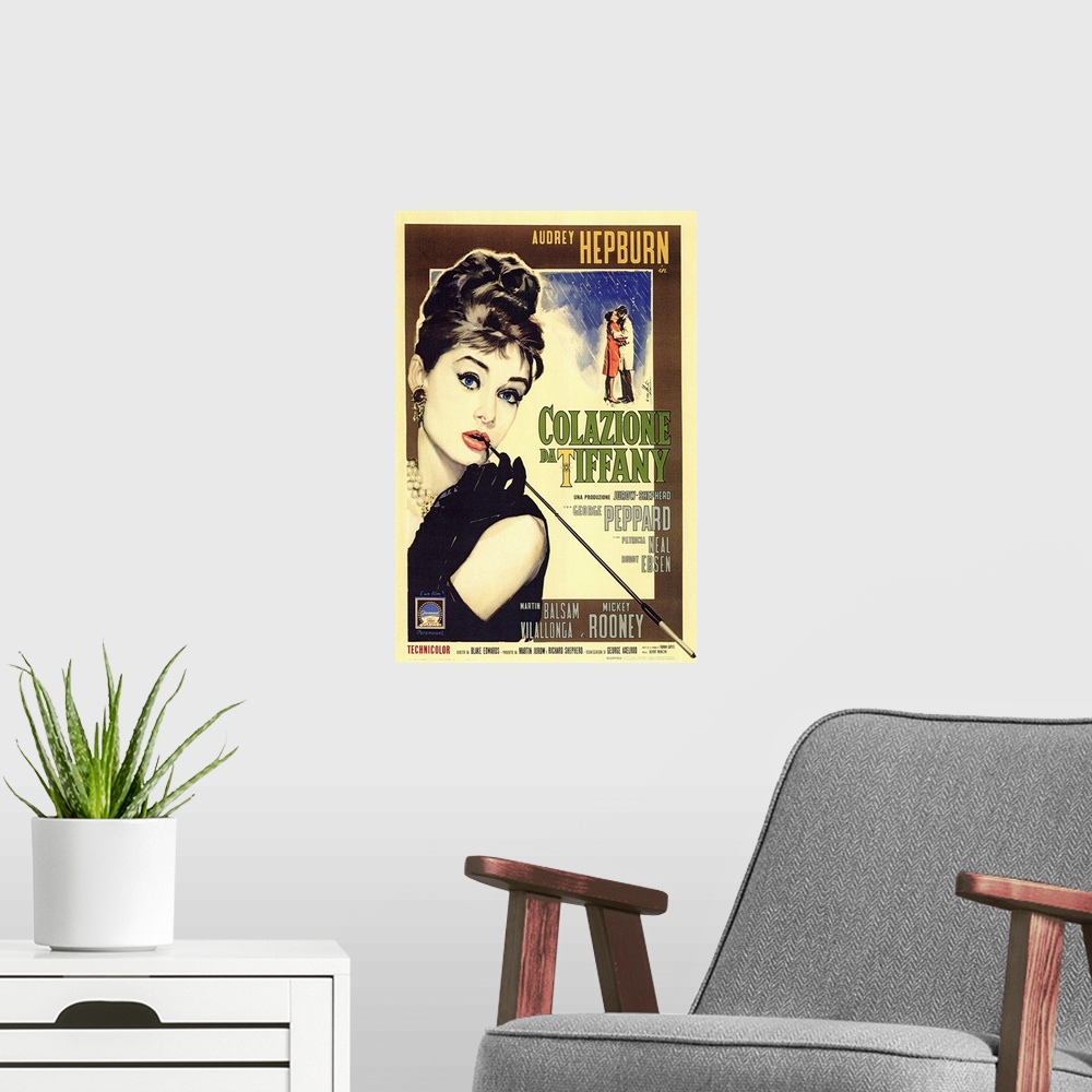 A modern room featuring This is the Italian version movie poster for Breakfast at Tiffany's. Audrey Hepburn largely takes...
