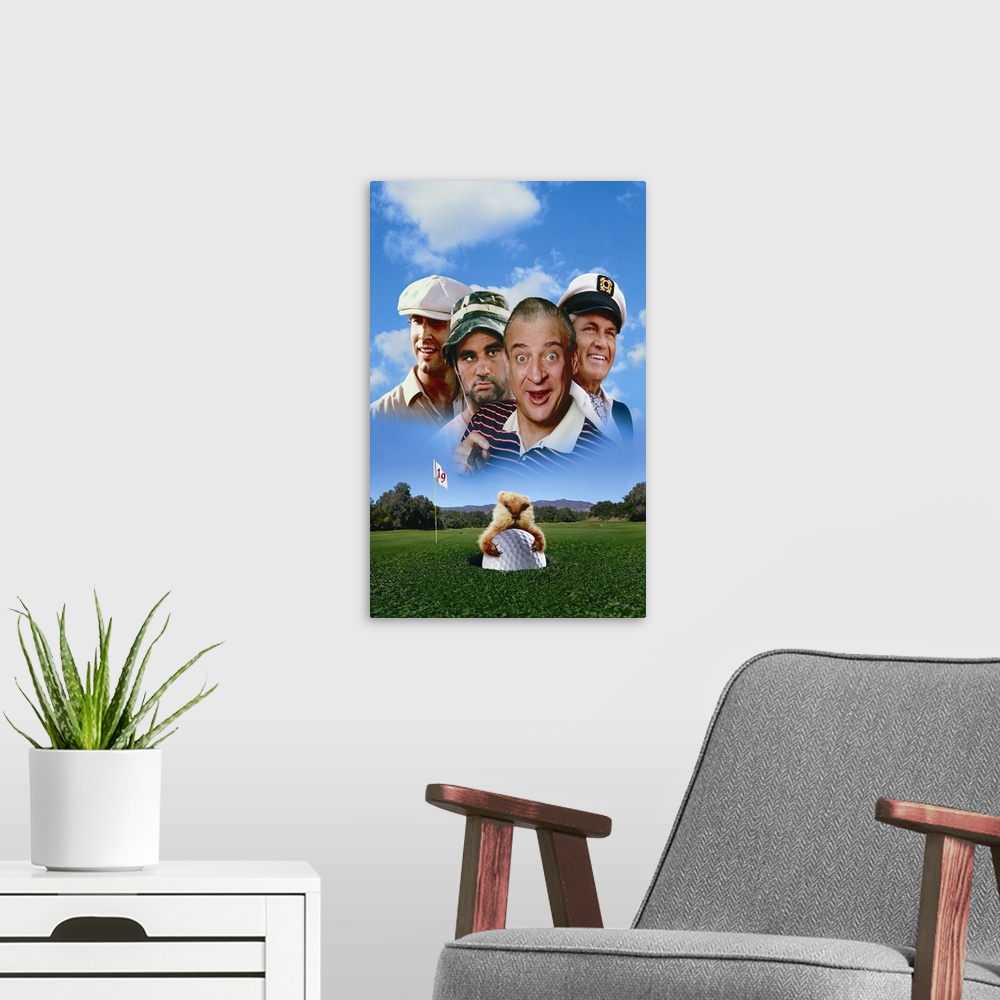 A modern room featuring Movie poster for the 1980 Hollywood movie Caddyshack with the four main stars superimposed in the...