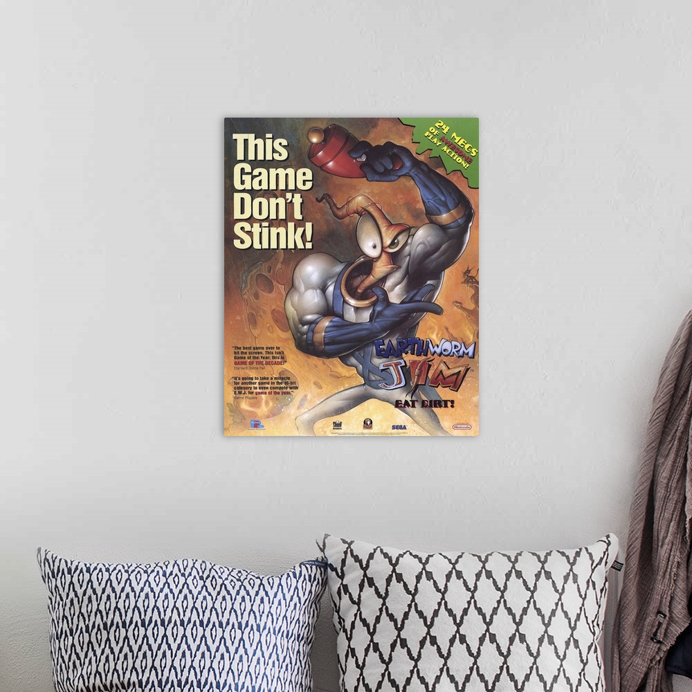 A bohemian room featuring Earthworm Jim Video Game