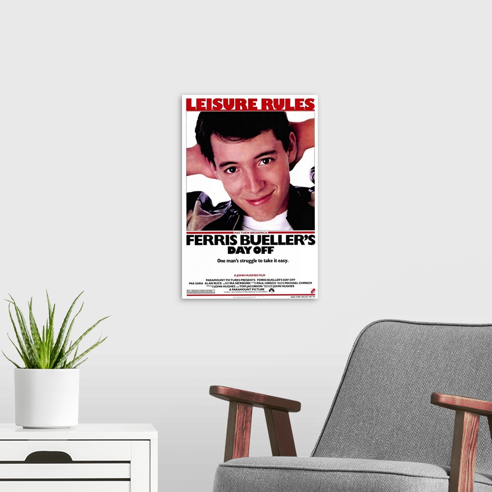 A modern room featuring Movie poster of "Ferris Bueller's Day Off" with Matthew Broderick taking up majority of the poste...