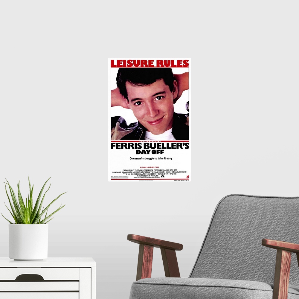 A modern room featuring Movie poster of "Ferris Bueller's Day Off" with Matthew Broderick taking up majority of the poste...