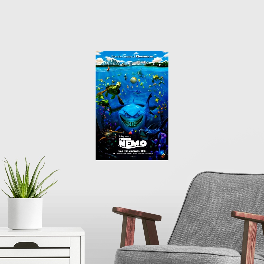 A modern room featuring This is a vertical movie poster featuring most of the characters from the beloved computer animat...
