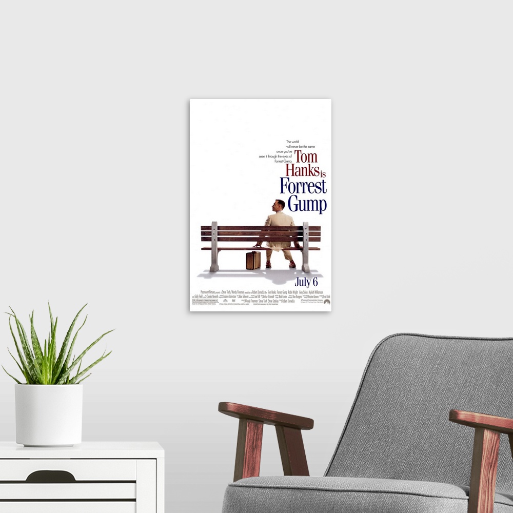 A modern room featuring Big, vertical movie advertisement for the opening of Forrest Gump, text and credits on the top an...