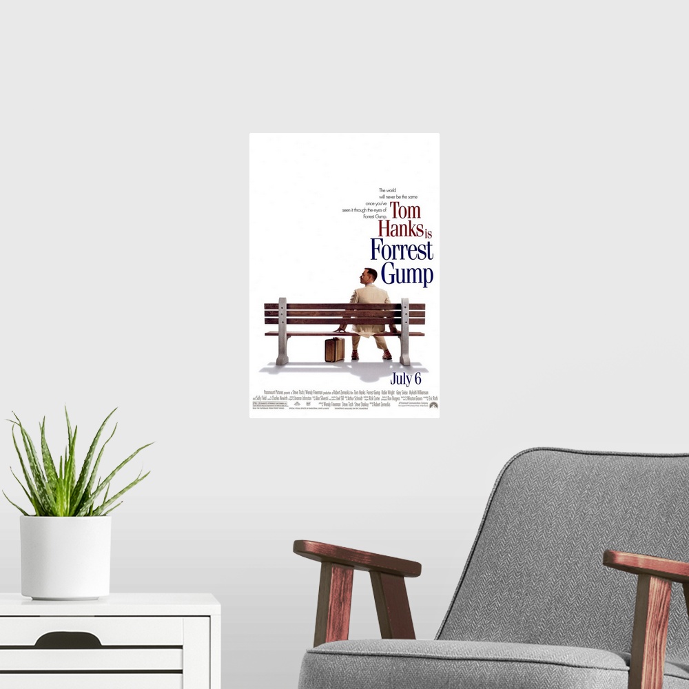 A modern room featuring Big, vertical movie advertisement for the opening of Forrest Gump, text and credits on the top an...
