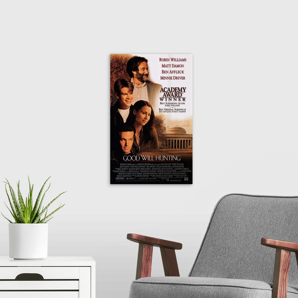 A modern room featuring The movie poster for Good Will Hunting showing all of the main characters on the left side with a...