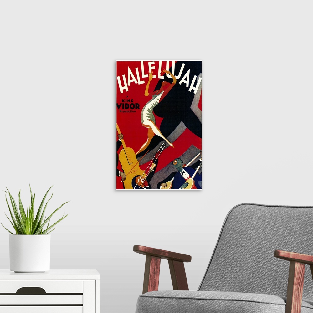 A modern room featuring Movie poster artwork with several people at the bottom of the print playing instruments and a wom...