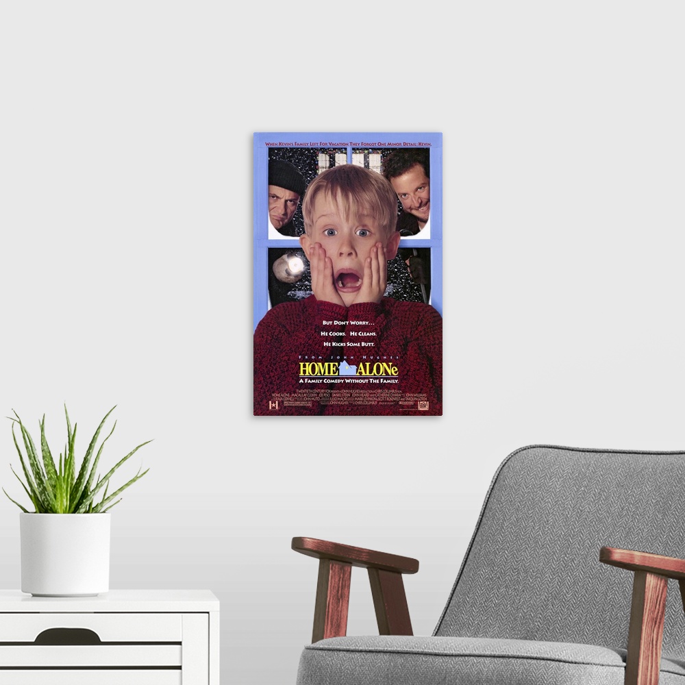 A modern room featuring This large piece is a poster for the classic movie "Home Alone". It shows the main character Kevi...