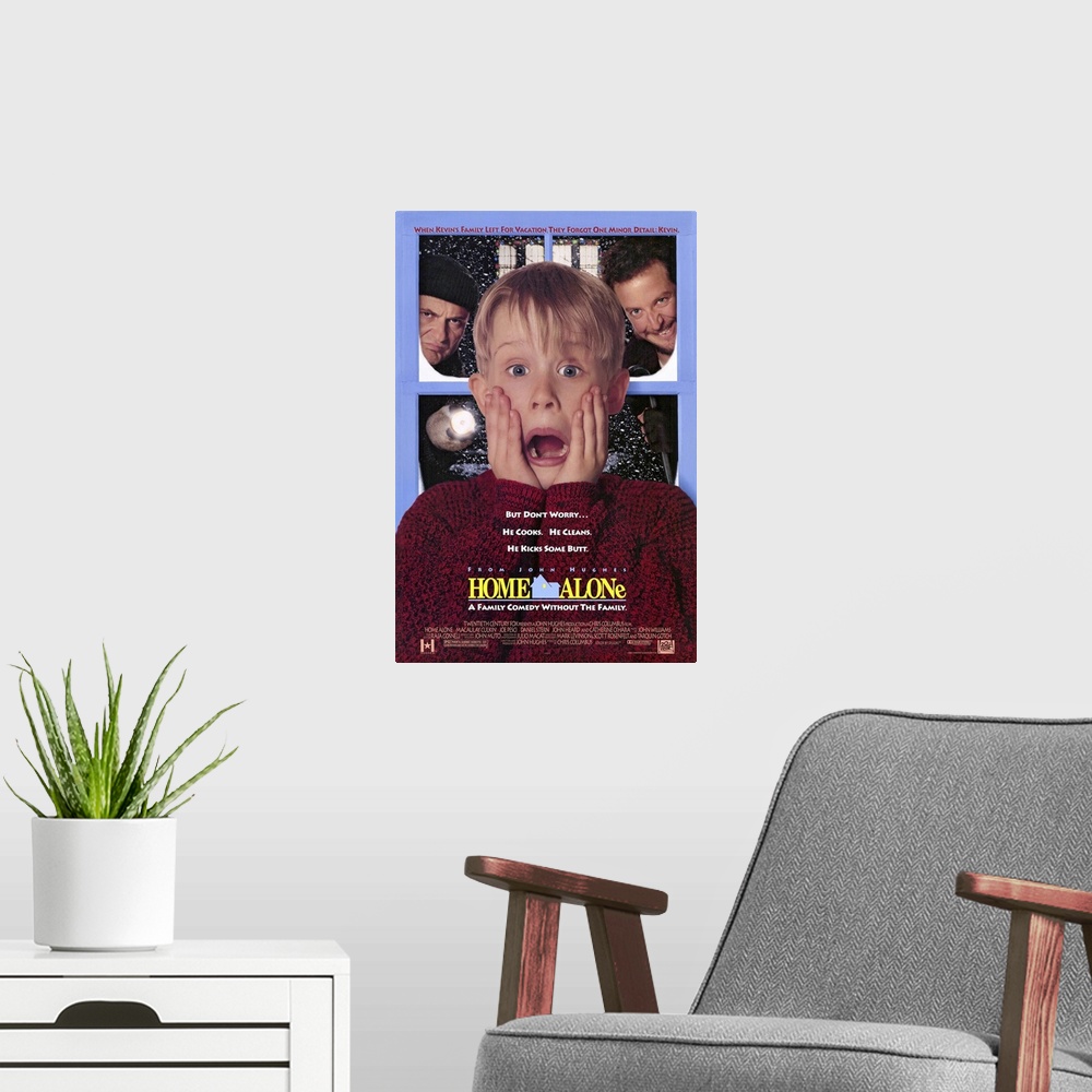 A modern room featuring This large piece is a poster for the classic movie "Home Alone". It shows the main character Kevi...