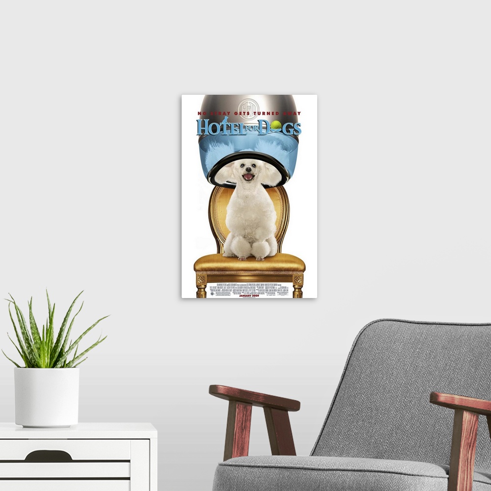 A modern room featuring Hotel for Dogs - Movie Poster
