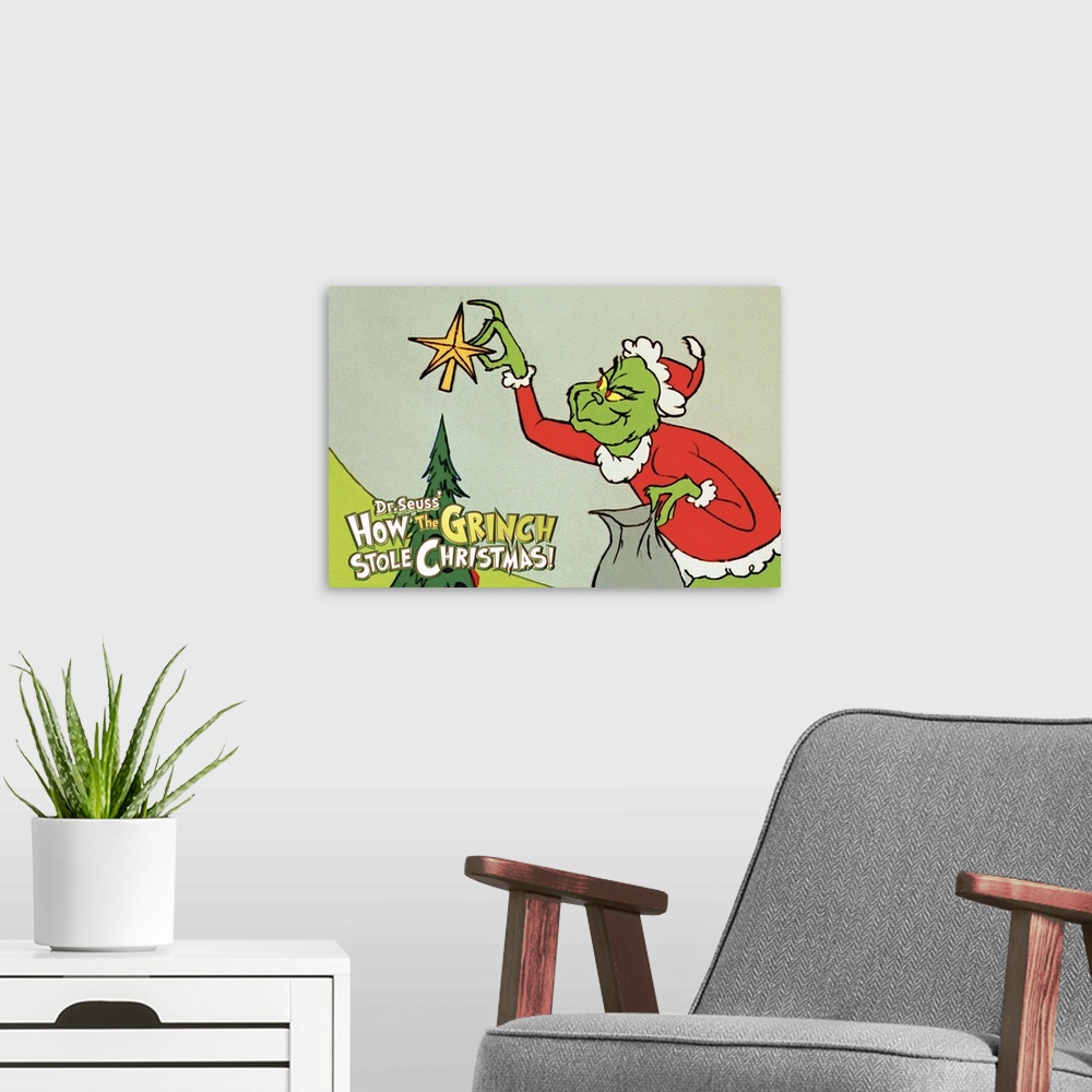 A modern room featuring Bitter and hateful, the Grinch is irritated at the thought of the nearby village having a happy t...