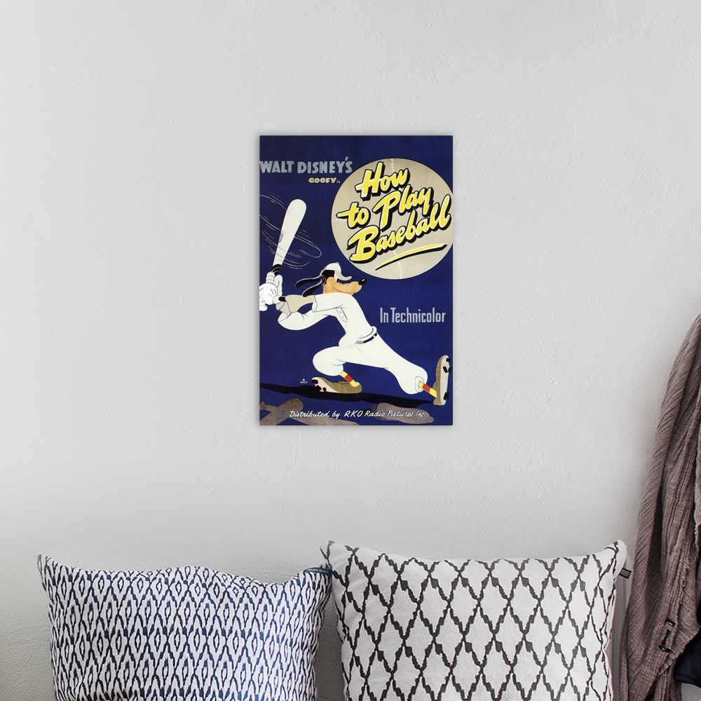A bohemian room featuring Vintage movie poster for Disney's Goofy film "How to Play Baseball" with Goofy in an old time bas...