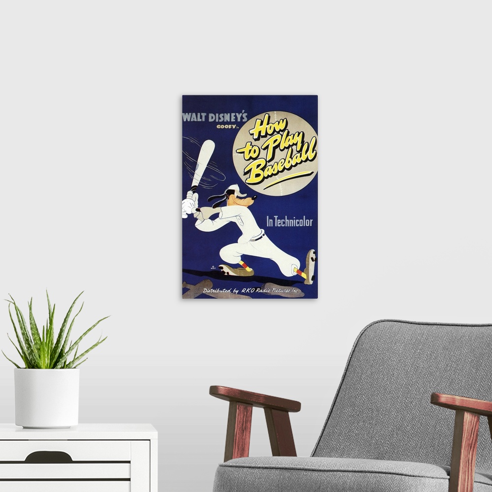 A modern room featuring Vintage movie poster for Disney's Goofy film "How to Play Baseball" with Goofy in an old time bas...